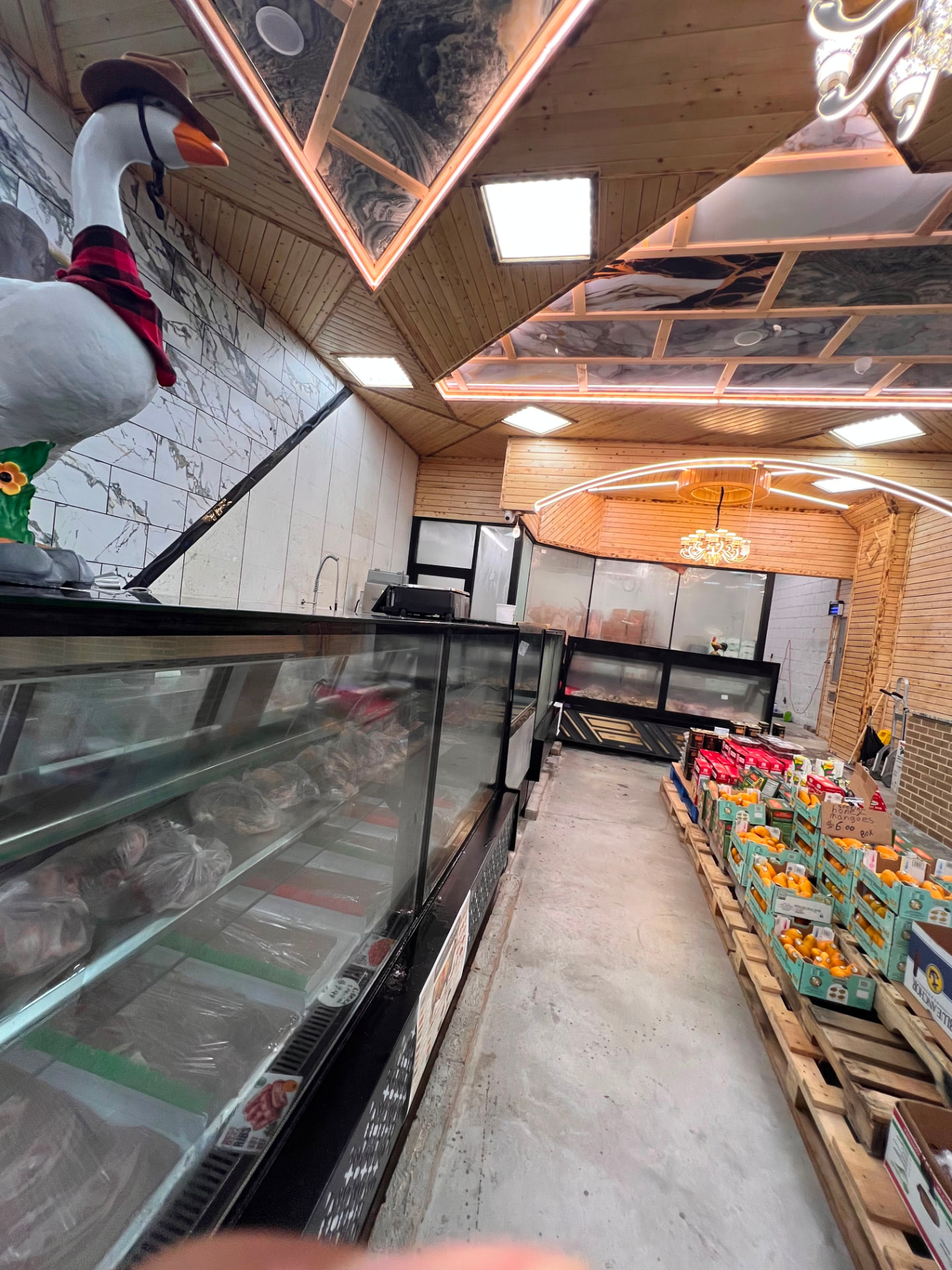 Fresh meat display cases along the counter