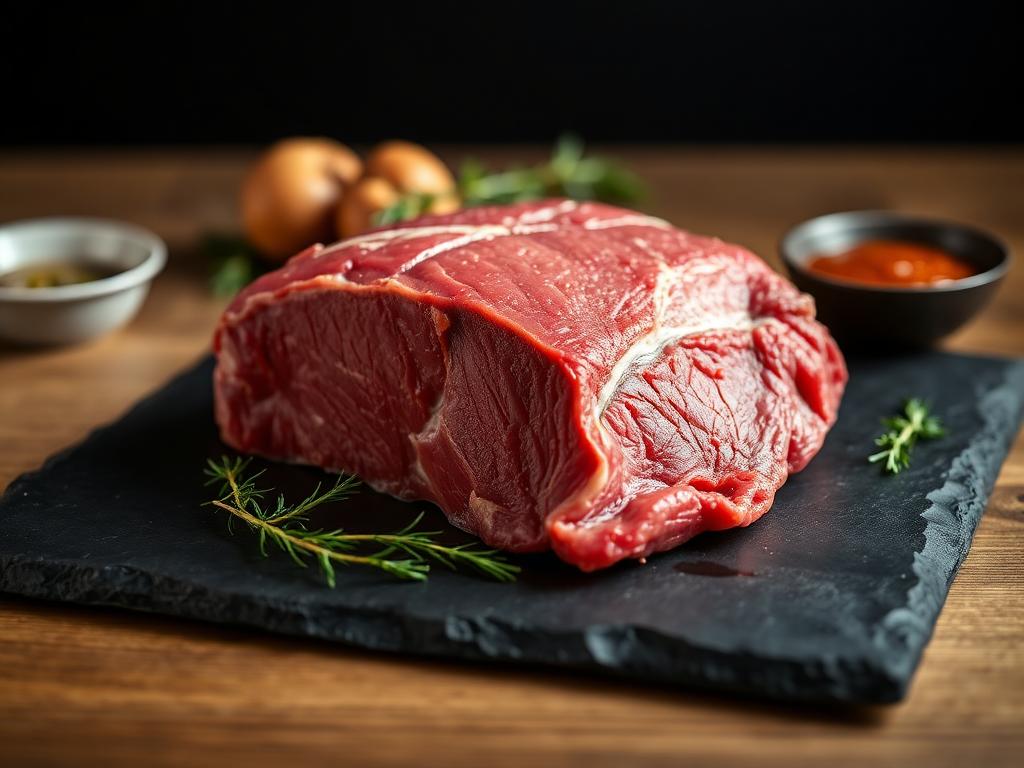 Premium raw halal chuck roast on a slate board