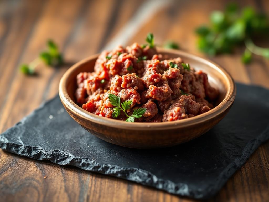 Fresh halal ground beef in a rustic bowl