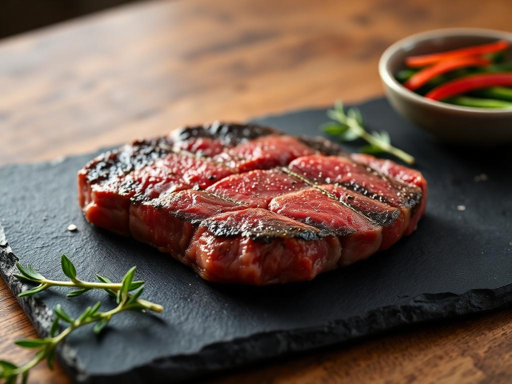 Premium raw halal ribeye steak on a slate board