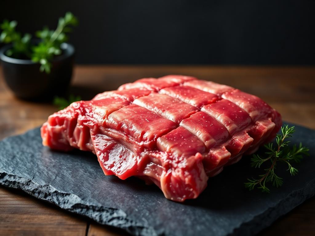 Premium raw halal beef ribs on a slate board