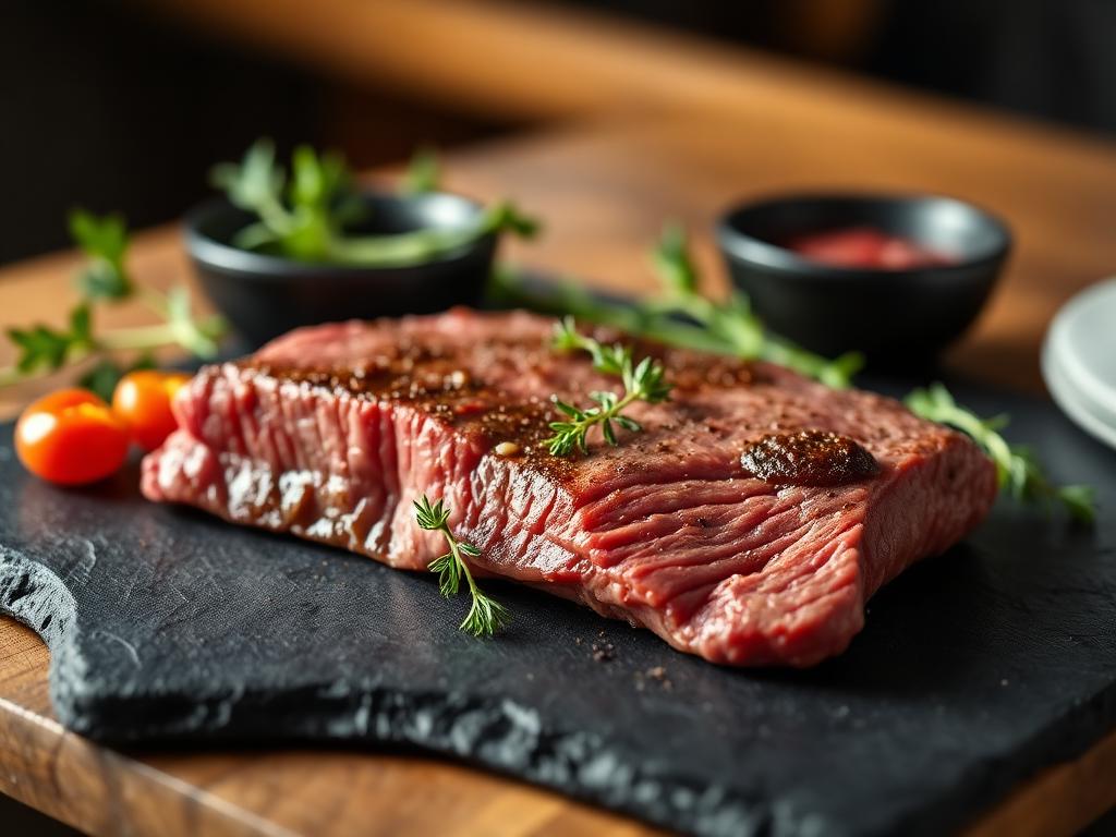 Premium raw halal sirloin steak on a slate board