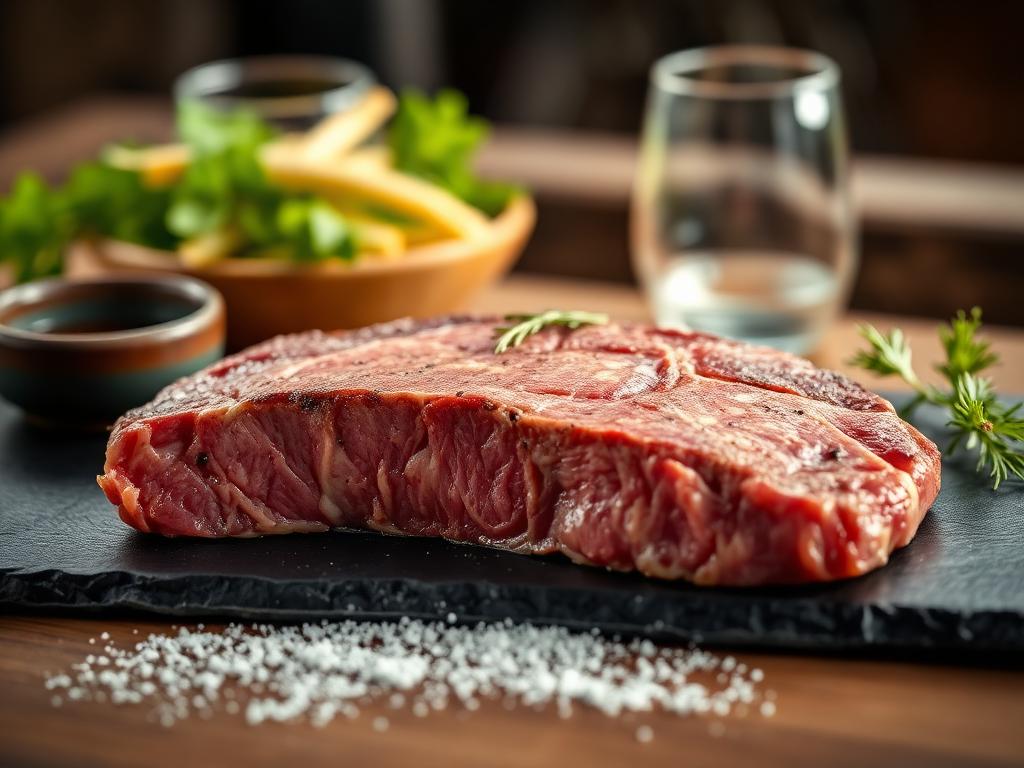 Premium raw halal T-bone steak on a slate board