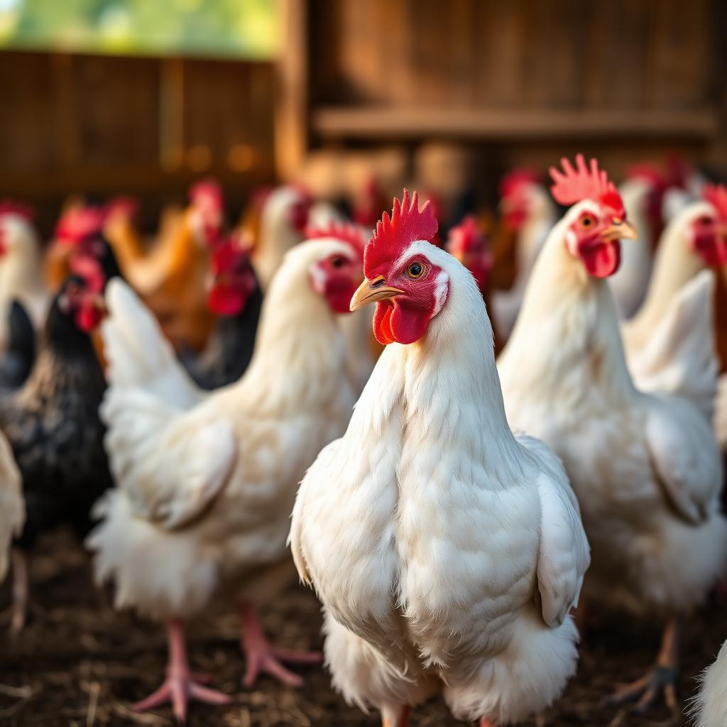 Healthy live white and red chickens on a clean farm