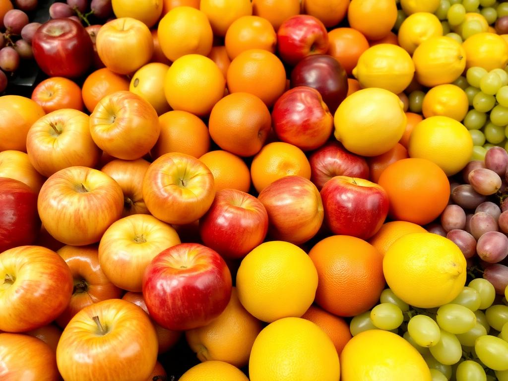 Fresh apples, oranges, lemons and grapes in a grocery display