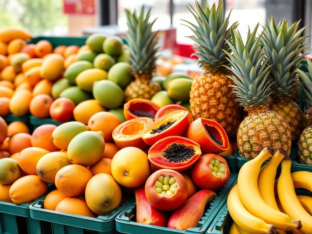 Market crates of fresh mangoes, papaya, pineapple and bananas