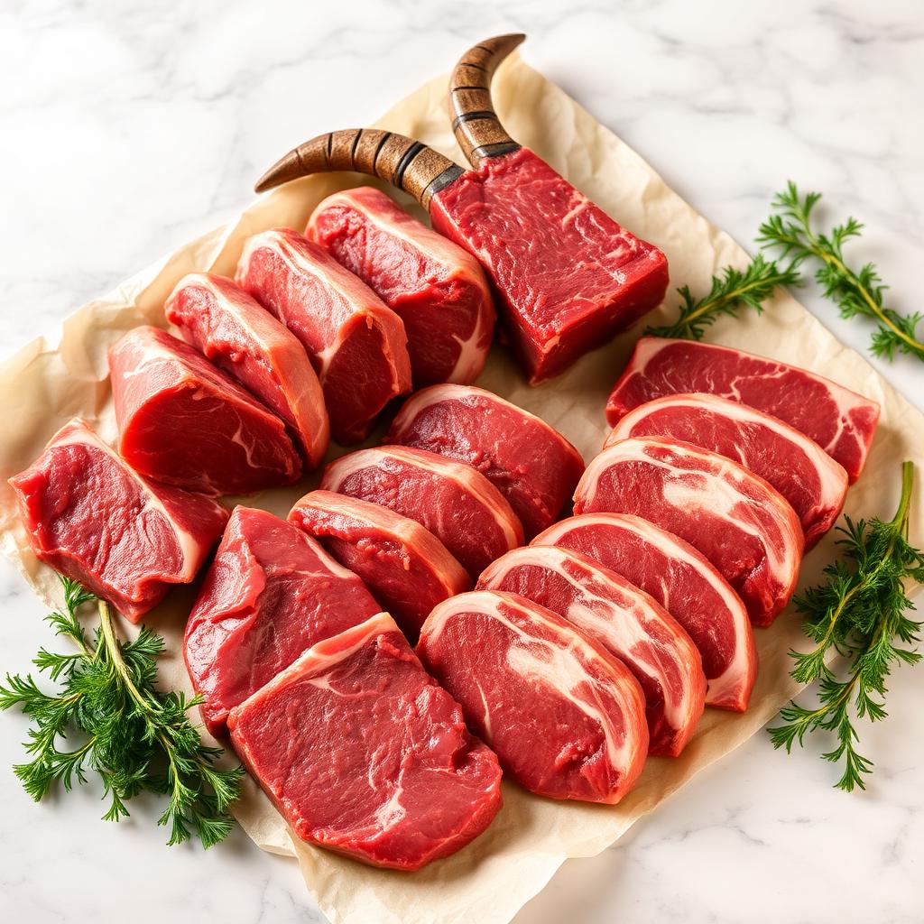 Fresh halal goat meat cuts on butcher paper