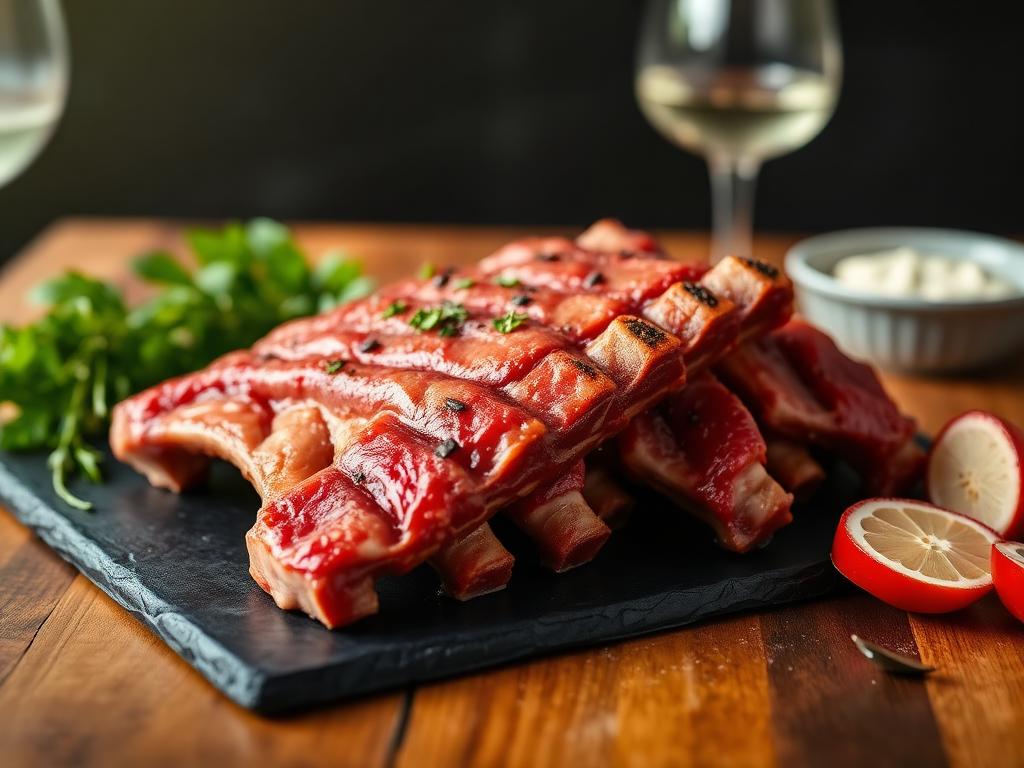 Premium raw halal goat ribs on a slate board