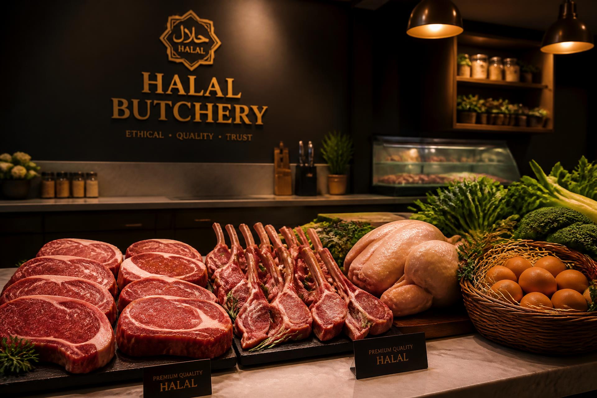 Fresh halal meats, whole chicken, lamb chops, farm eggs and vegetables on a butcher counter
