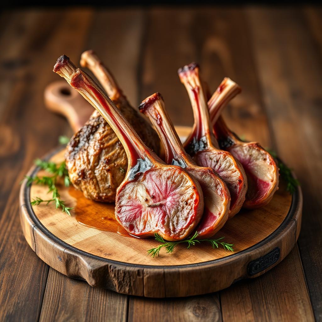 Rack of lamb and fresh lamb chops on a wooden board