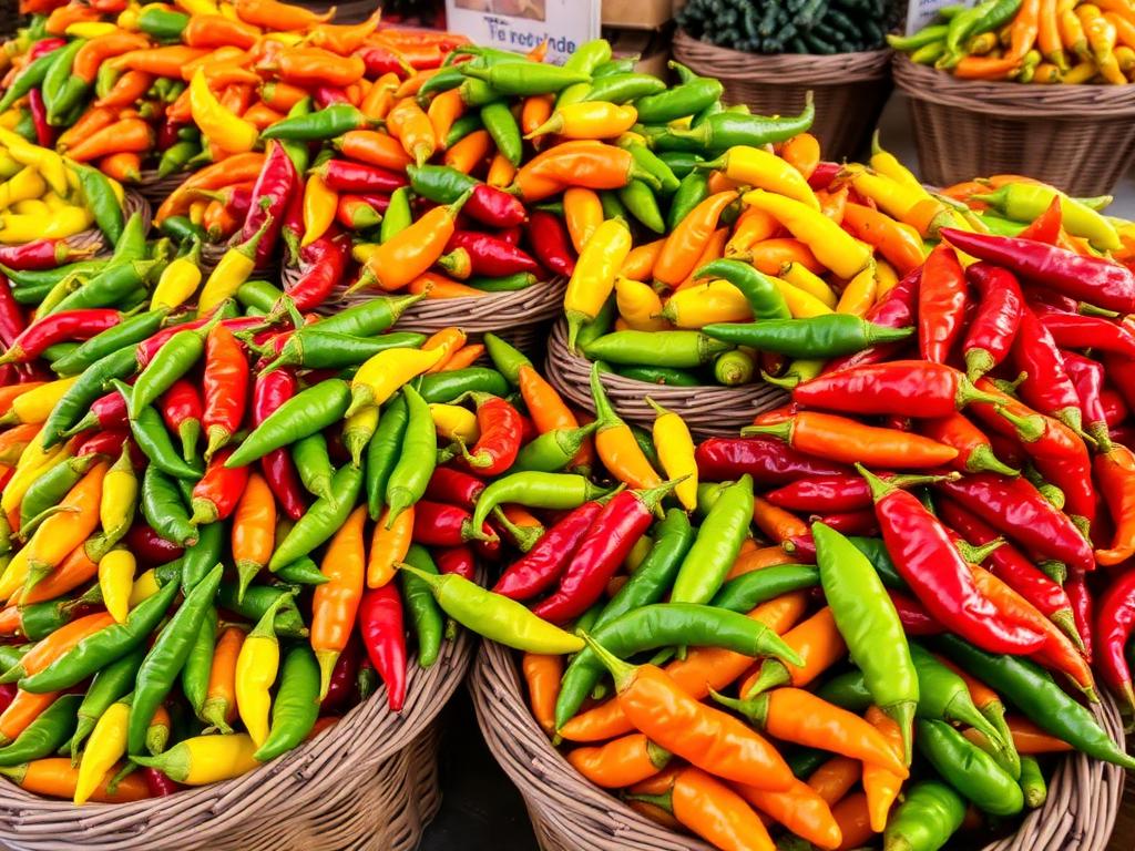 Baskets of fresh scotch bonnet, habanero and green chili peppers
