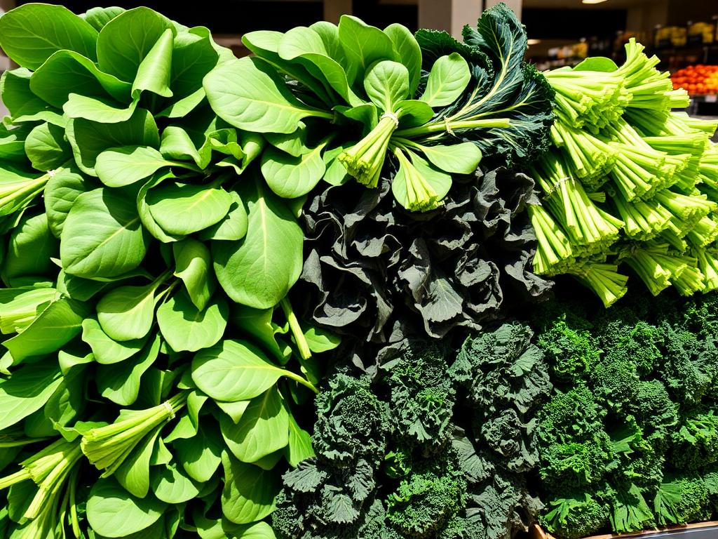 Fresh bundles of spinach, collard greens and kale on display
