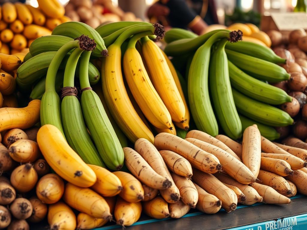 Green and ripe plantains with yams and cassava on a market display