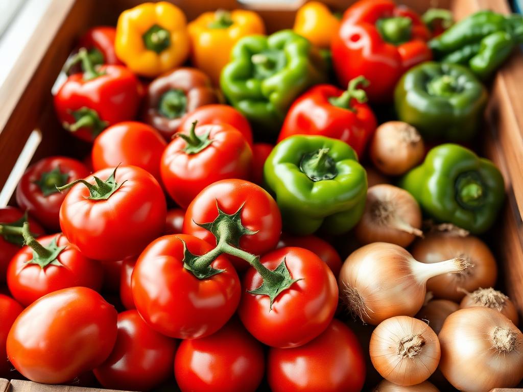 Crate of fresh tomatoes, bell peppers and onions